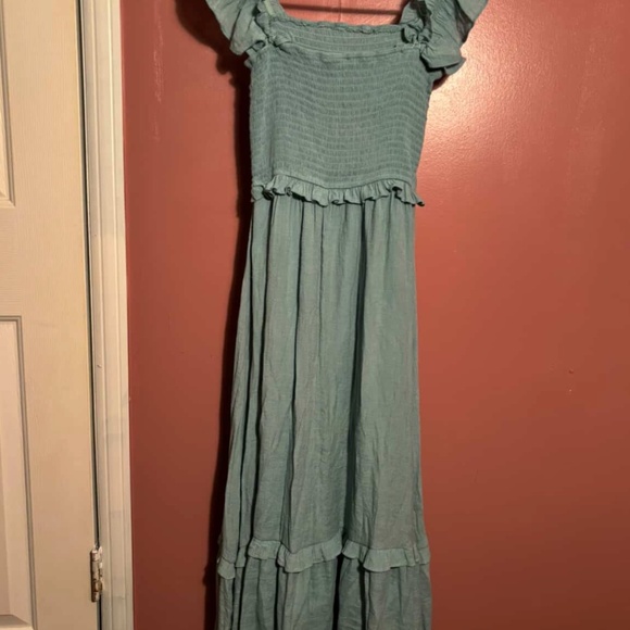 "Teal Smocked Ruffle-Sleeve Tiered Maxi Dress". - Picture 2 of 4